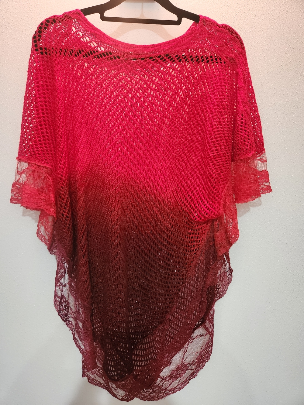 Women's Red Burgundy Ombre Crochet Knit Boho Top Lace Detail